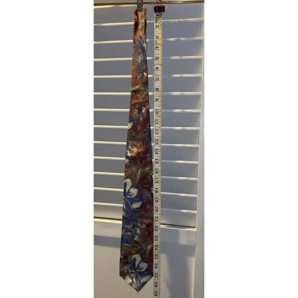 Woodward Mens Silk Necktie Blue Burgundy Brown Floral‎ Painterly Wide Silk Tie